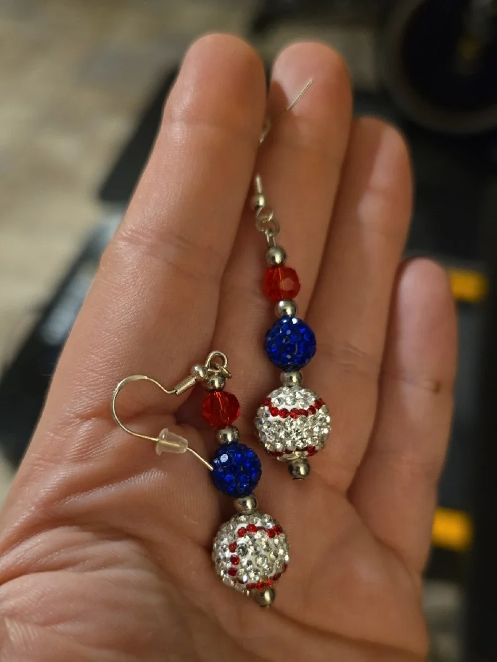 Patriotic Crystal Baseball Dangle Earrings - Red, Blue & Silver